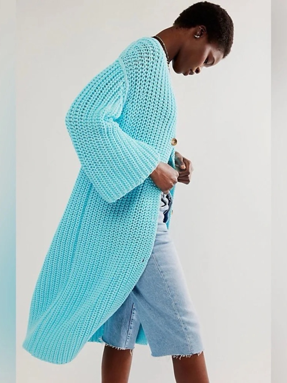 NEW FREE PEOPLE Offside Longline Crystal Seas Blue Cardigan Size S - Picture 2 of 7
